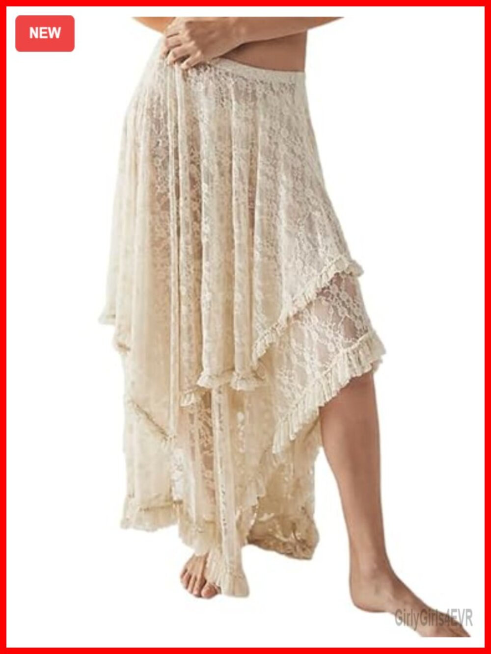 Women's Floral Lace Maxi Skirt Asymmetrical Boho Sheer Long Elastic Waist